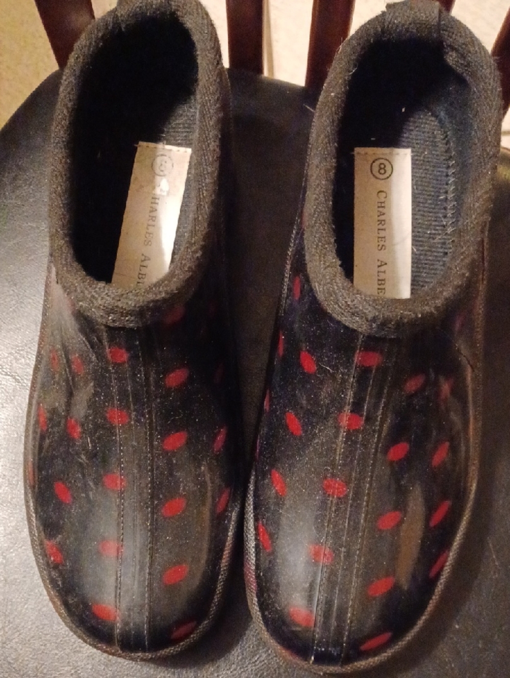 Charles Albert Black Clogs with Red Dot Pattern